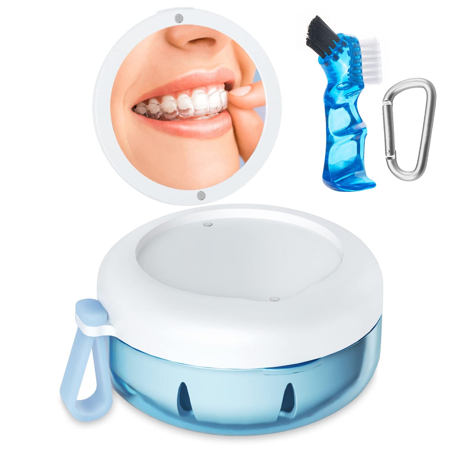 Denture Bath Case - Leak-Proof Portable Retainer Case (Blue) with Strainer & Mirror