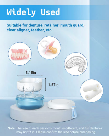 Denture Bath Case - Leak-Proof Portable Retainer Case (Blue) with Strainer & Mirror