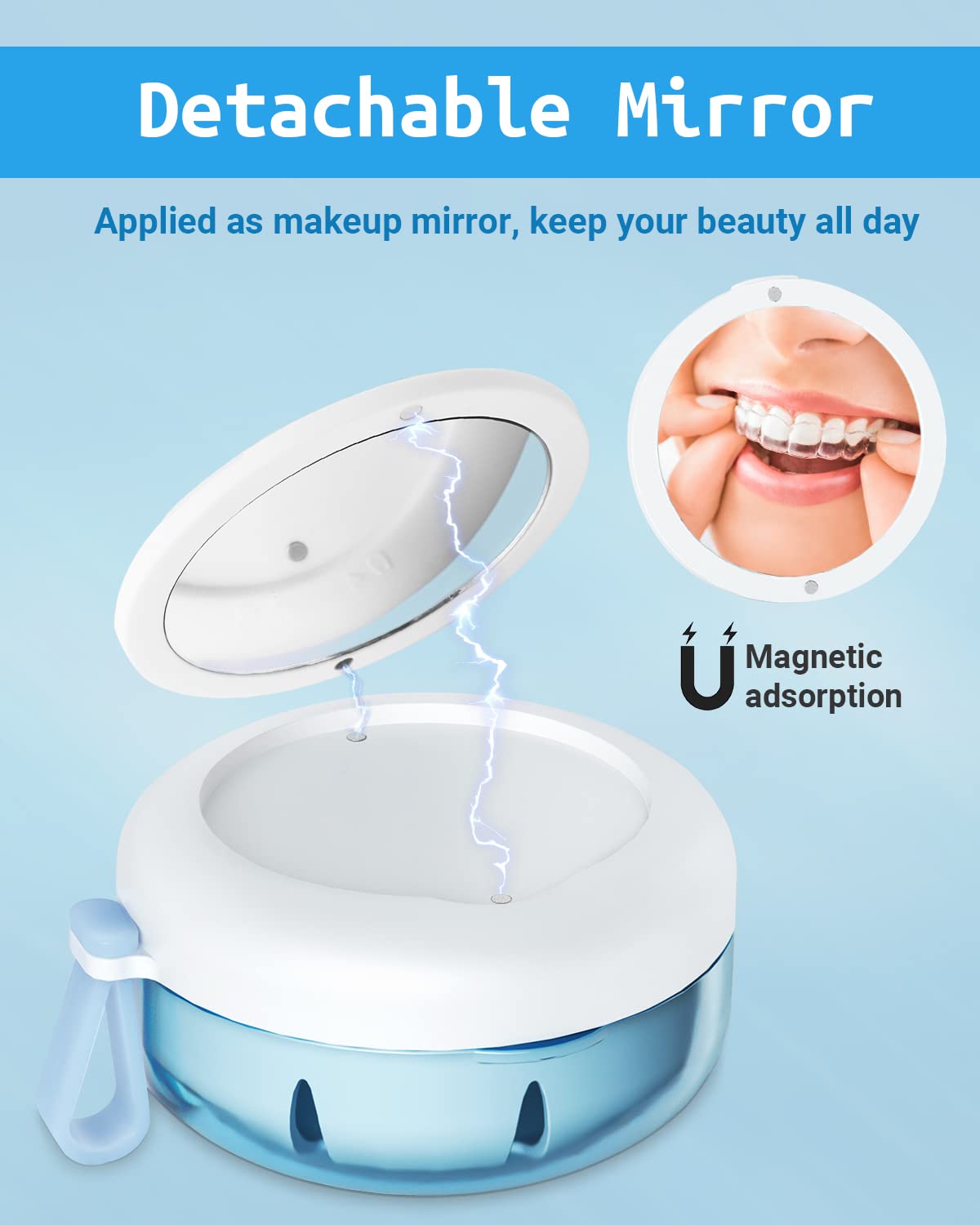Denture Bath Case - Leak-Proof Portable Retainer Case (Blue) with Strainer & Mirror