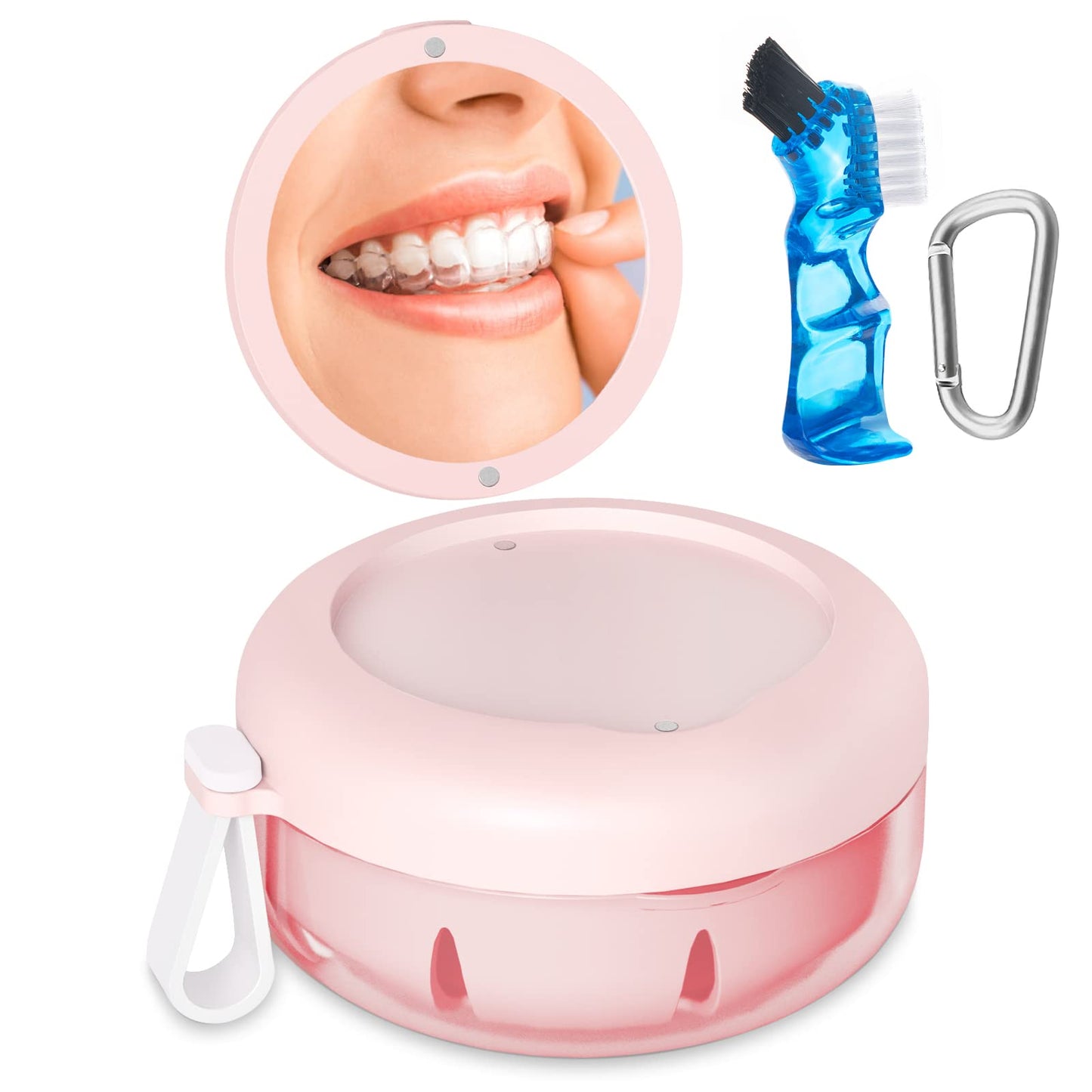 Denture Bath Case – Leak-Proof Portable Retainer Box (Pink) with Cleaning Kit