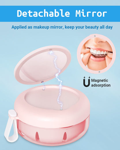 Denture Bath Case – Leak-Proof Portable Retainer Box (Pink) with Cleaning Kit