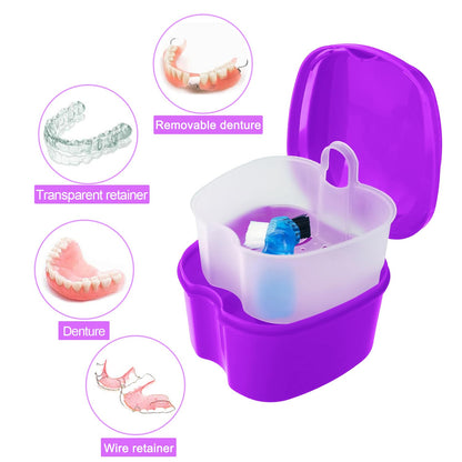 2 Pack Denture Bath Case – Purple & Dark Blue Travel Holder with Brush