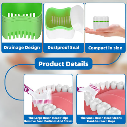 Denture Cleaner Box & Brush Set – 2 Pack Bath Case with Basket + 2 Denture Brushes (Green & Dark Blue)
