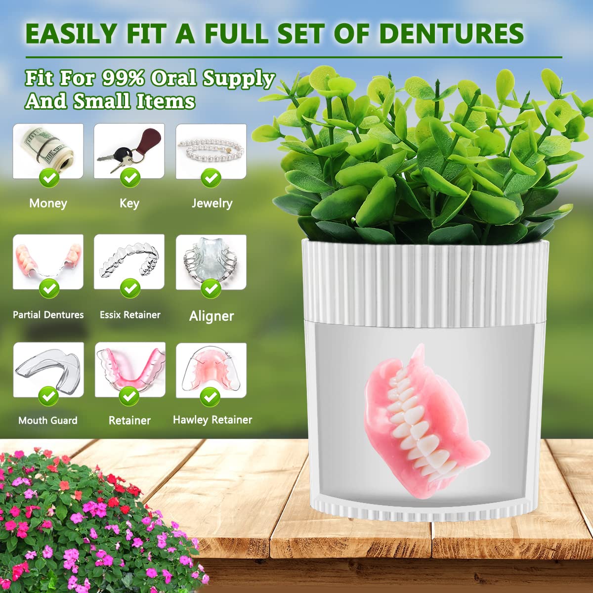 Denture Bath – Invisible Denture Case Hidden as Artificial Eucalyptus Plant | Retainer & Denture Cup