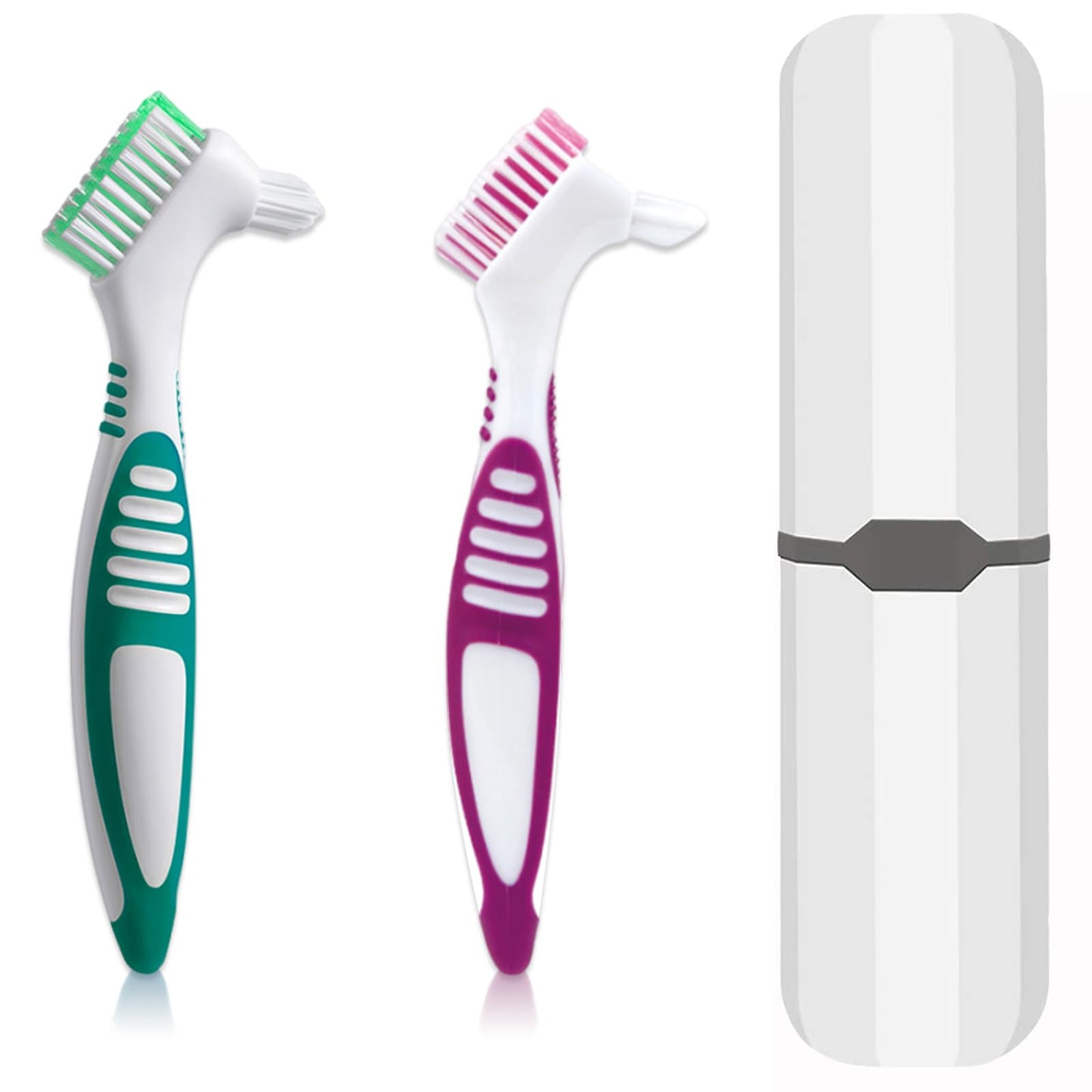 Denture Brush 2-Piece Set with White Carrying Case – Comfort Grip