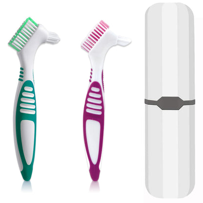 Denture Brush 2-Piece Set with White Carrying Case – Comfort Grip