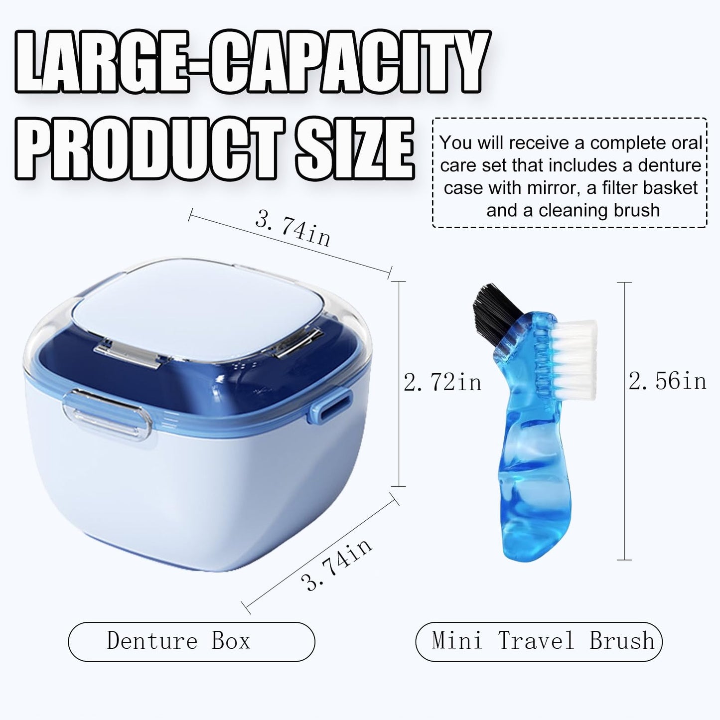 Large Capacity Denture Case with Brush & Mirror – Retainer Cleaning Box