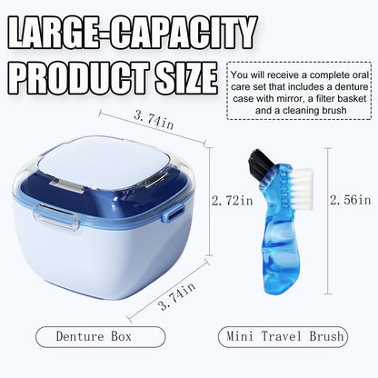 Large Capacity Denture Case with Brush & Mirror – Retainer Cleaning Box