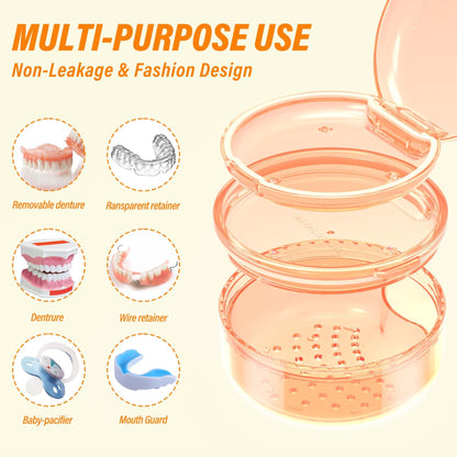 2-Pack Denture Case – 2-in-1 Retainer Case with Strainer Basket (No-Leak, Travel)