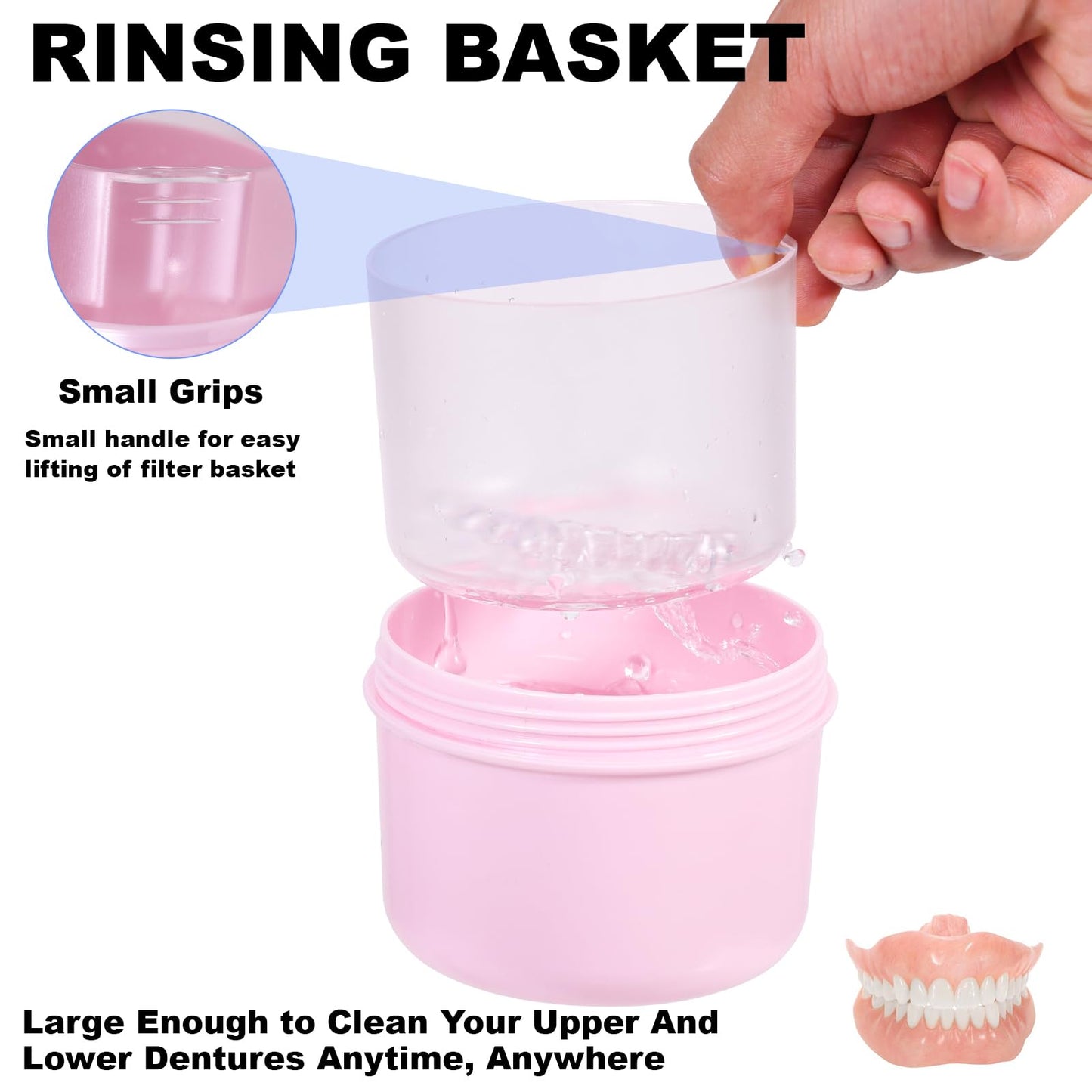 Leak-Proof Travel Denture Case | Denture Bath Cup & Cleaning Kit (Pink)