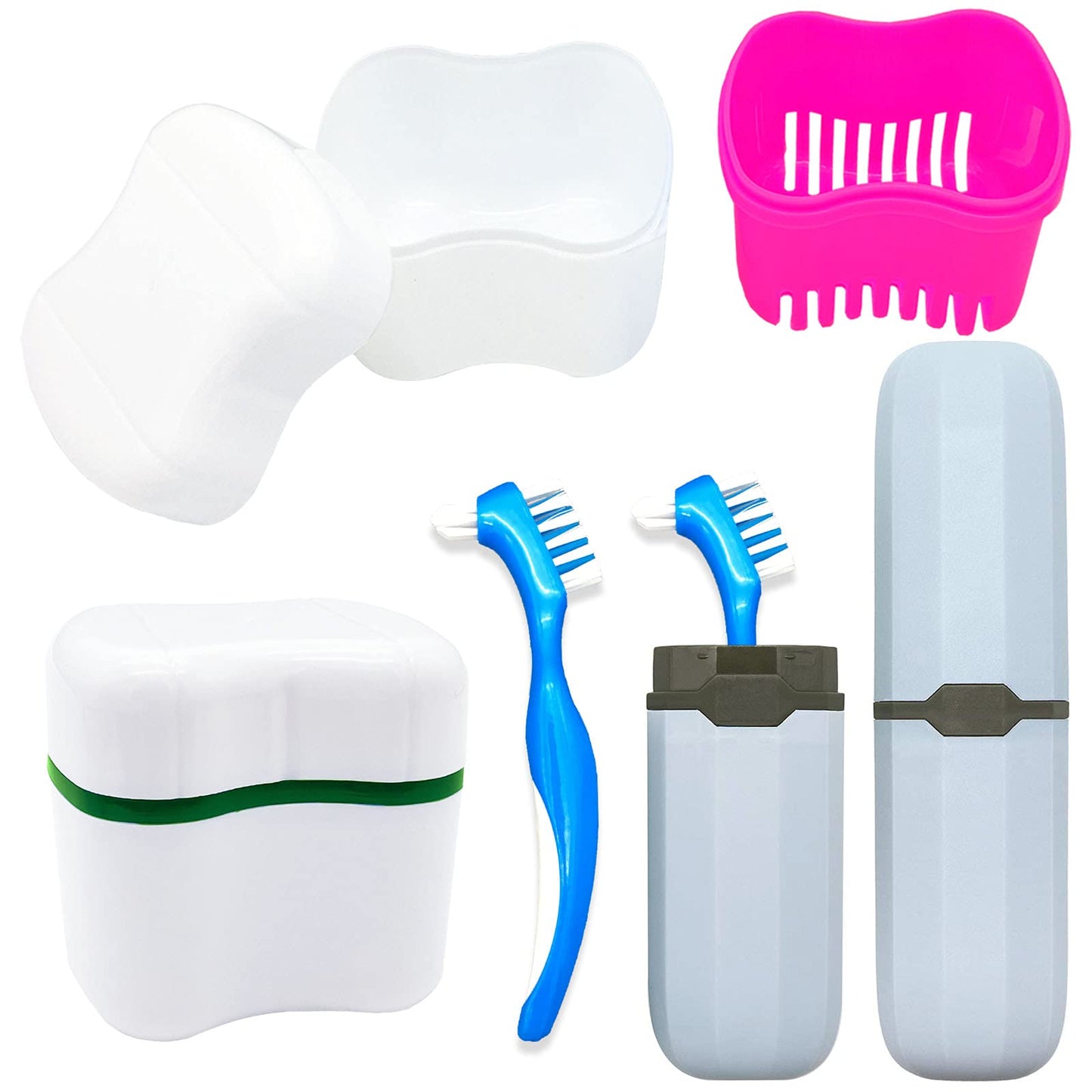 Denture Case Kit with Lid – 2 Bath Cups, 2 Brushes & 2 Portable Boxes