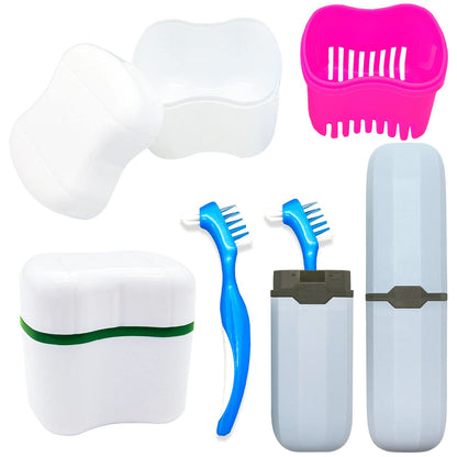 Denture Case Kit with Lid – 2 Bath Cups, 2 Brushes & 2 Portable Boxes