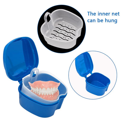 Denture Cleaner Box & Brush Set – 2 Pack Bath Case with Basket (Light & Dark Blue)