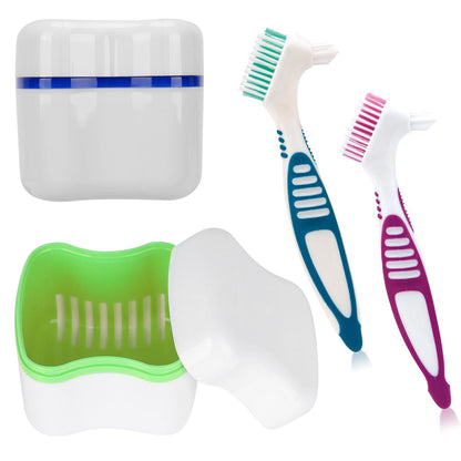 Denture Cleaner Box & Brush Set – 2 Pack Bath Case with Basket + 2 Denture Brushes (Green & Dark Blue)