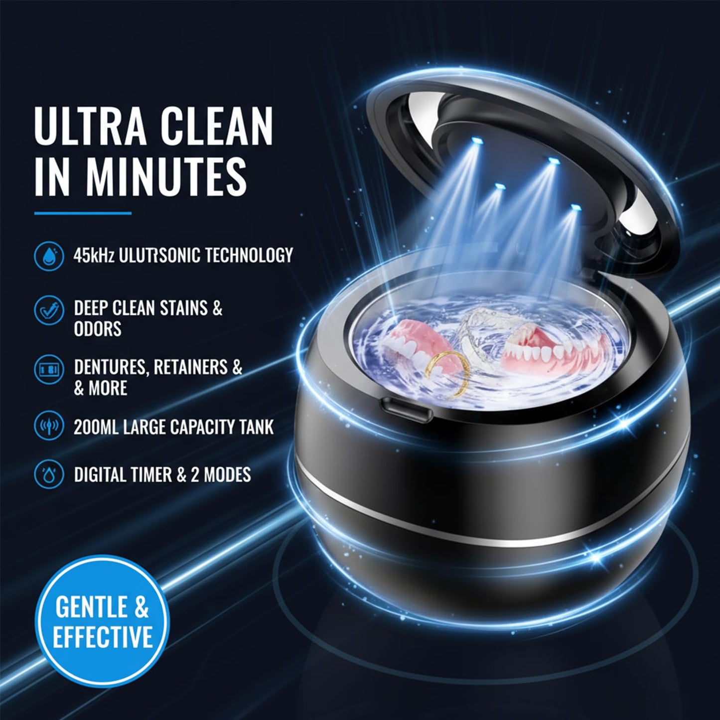 Denture Dome Ultrasonic Retainer Cleaner - 45kHz 200ml Dental Pod Cleaner