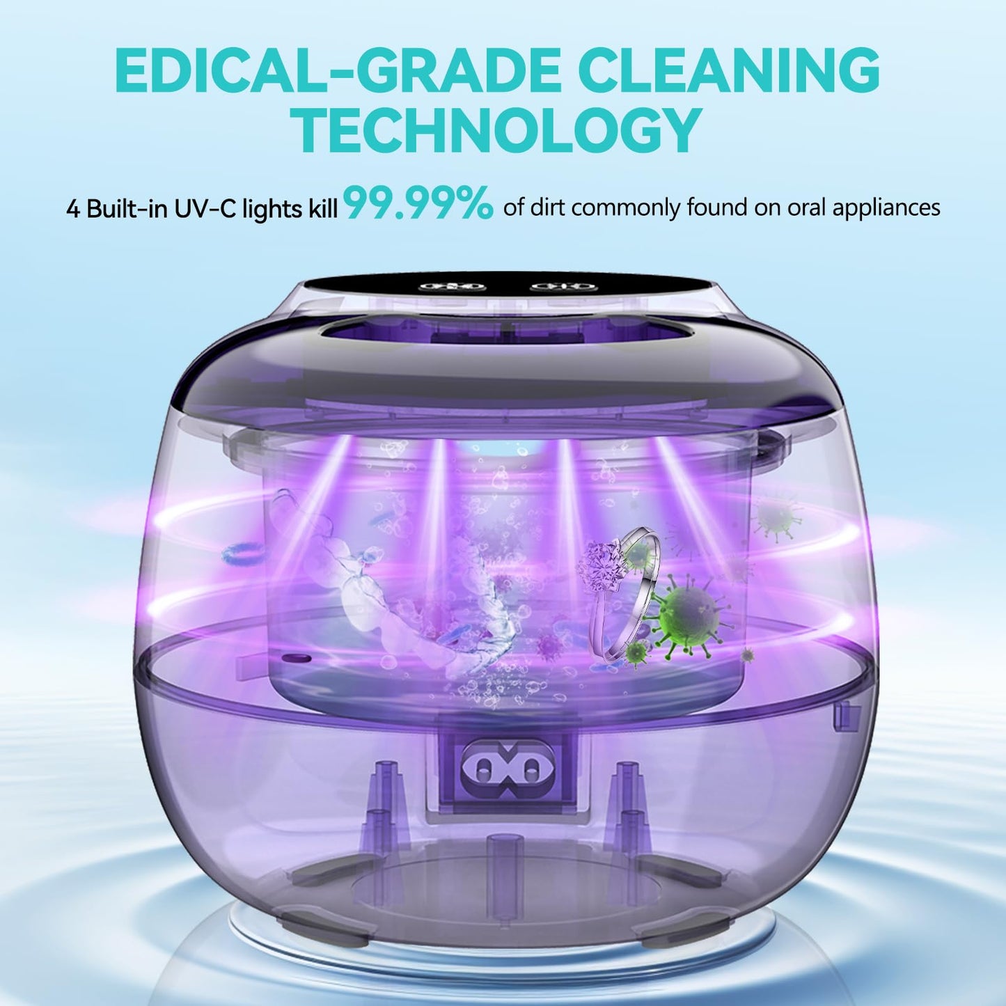 Denture Ultrasonic Retainer Cleaner Machine - 45kHz 200ml Pod, 9 Modes