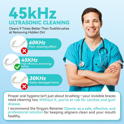 Denture Ultrasonic Retainer Cleaner Machine - 45kHz 200ml Pod, 9 Modes