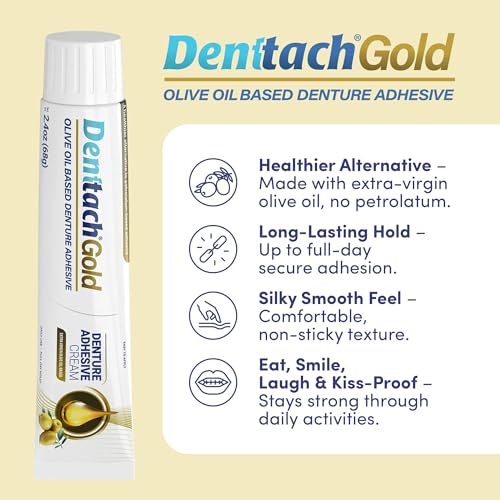 Denttach Gold Olive Oil-Based Denture Adhesive – Zinc-Free, All-Day Hold (2.4 oz)