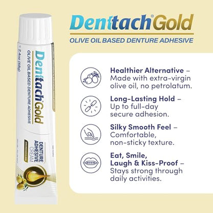 Denttach Gold Olive Oil-Based Denture Adhesive – Zinc-Free, All-Day Hold (2.4 oz)
