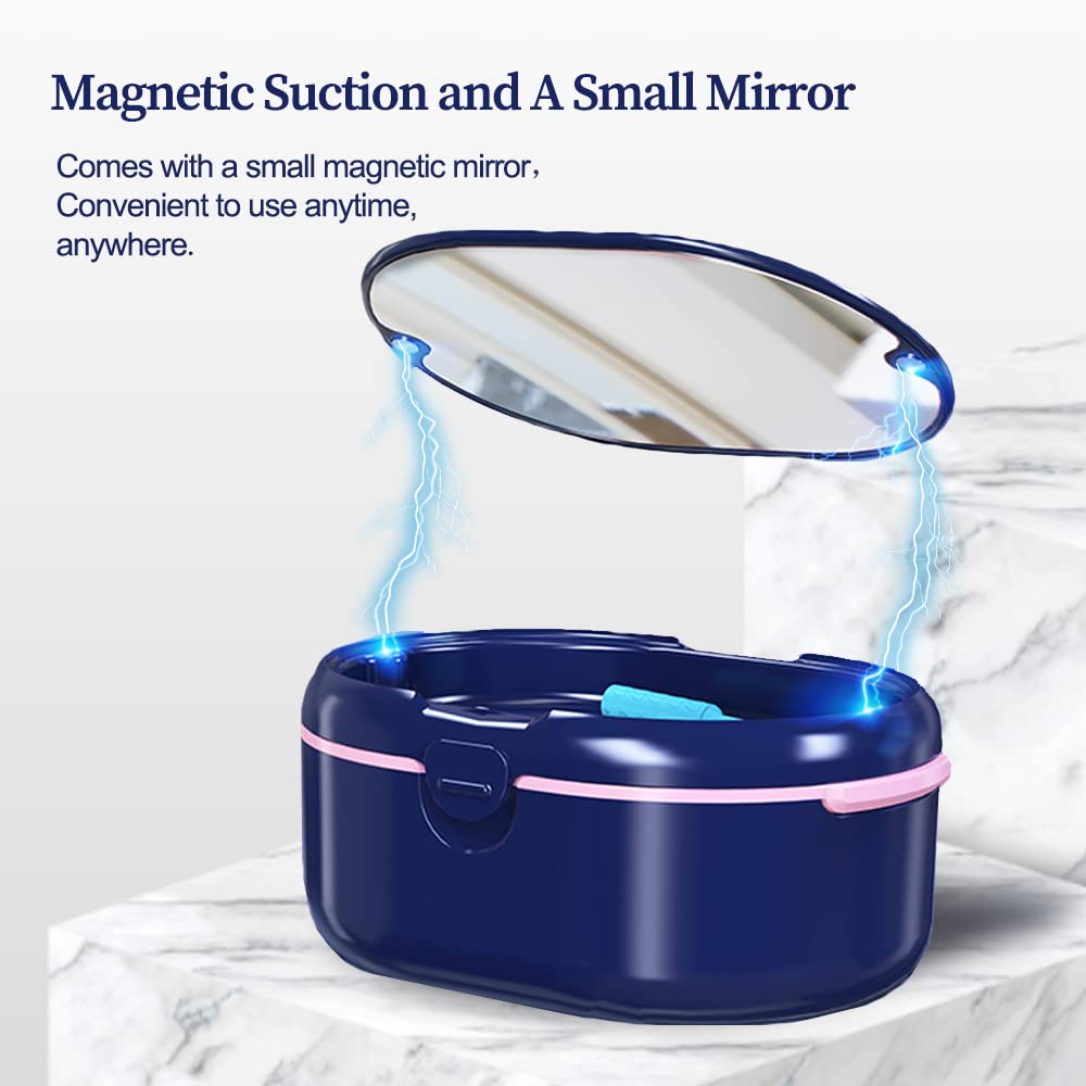 Blue Dentures Case - Double Layer Denture Bath Cup with Lid | Portable