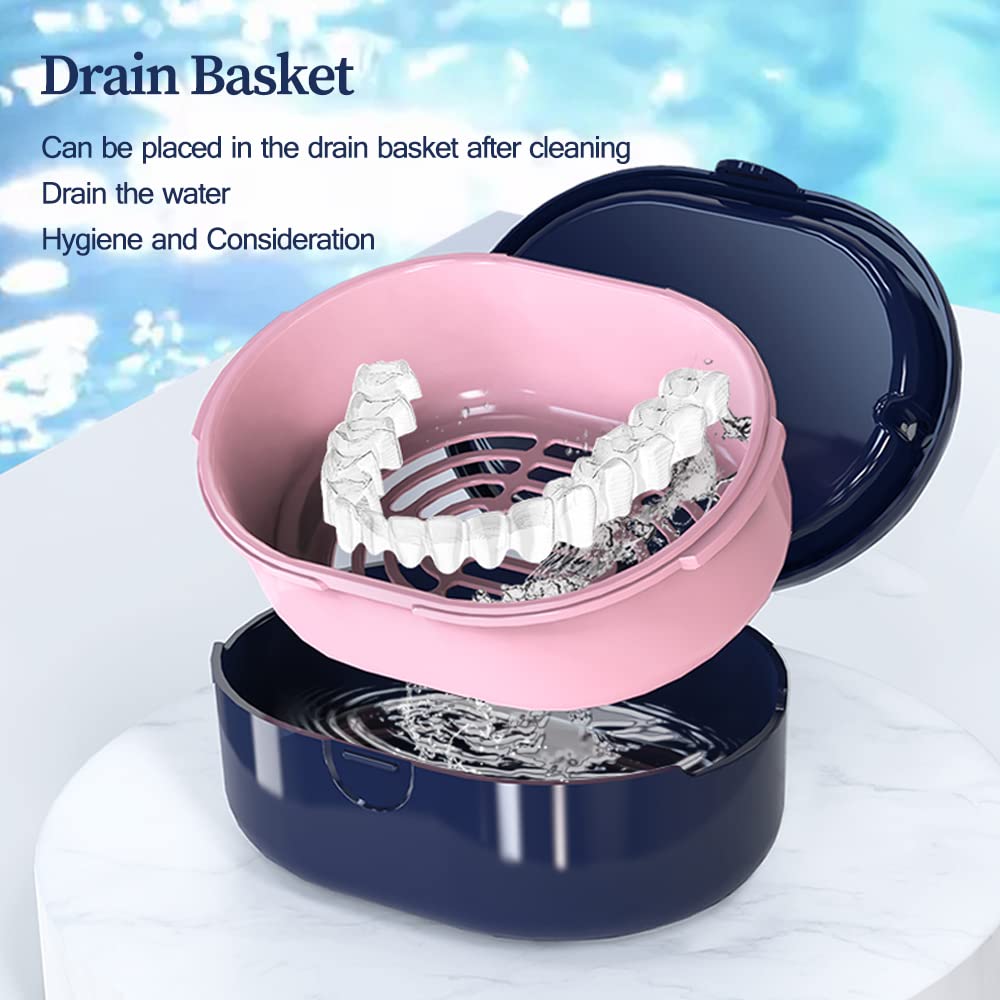 Blue Dentures Case - Double Layer Denture Bath Cup with Lid | Portable