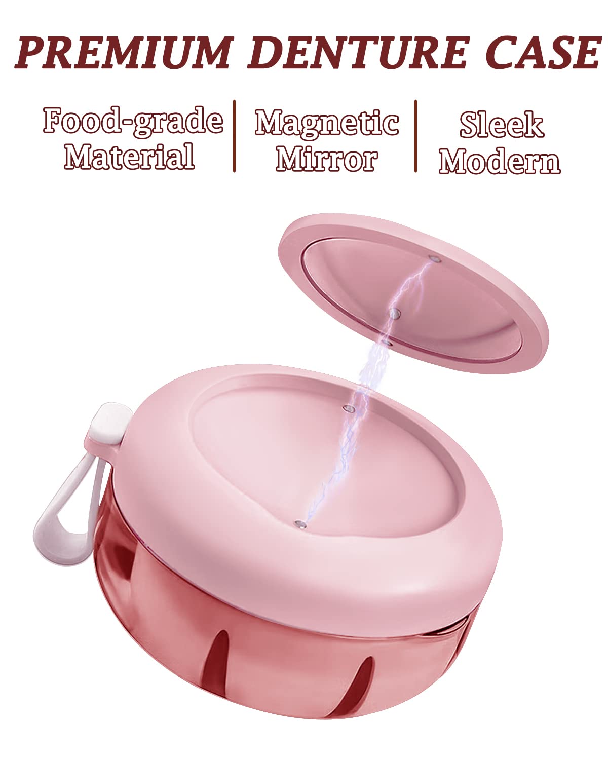 Pink No-Leak Denture Case | Travel-Friendly Denture Bath Box with Strainer & Magnetic Mirror