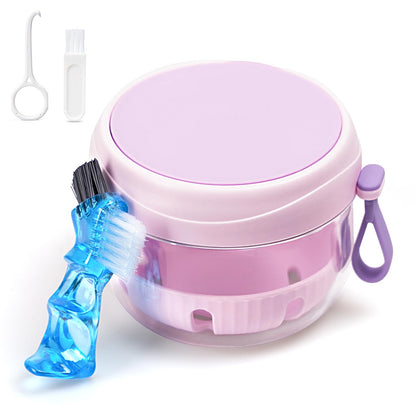 Purple Denture Case with Strainer & Mirror - Leak-Proof Travel Cup