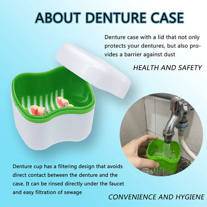 Denture Cup Kit - 2 Denture Cases, 2 Denture Brushes & 2 Portable Boxes | Travel Denture Cleaning Kit