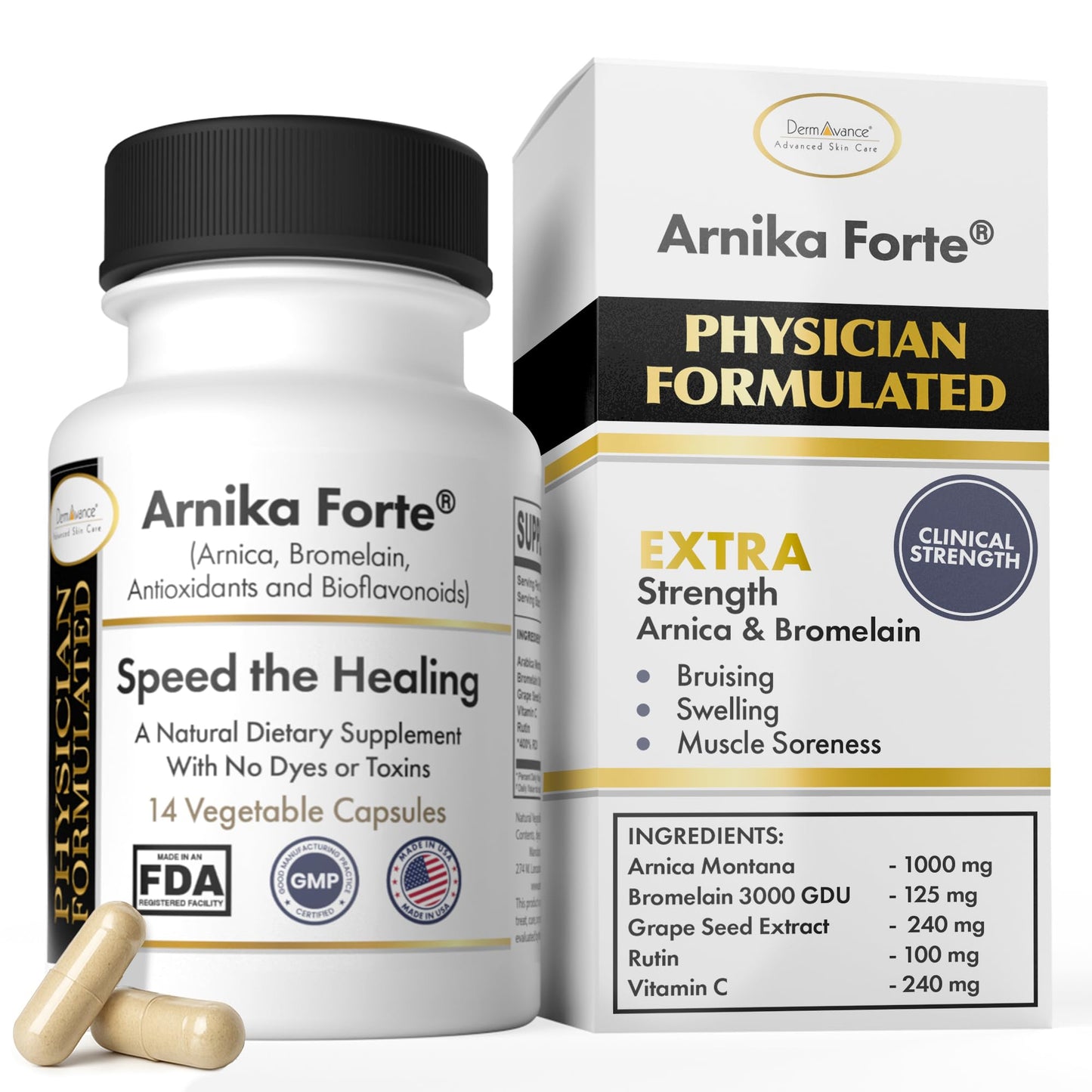 DermAvance Arnika Forte Capsules – Post-Surgery Swelling & Bruising Support (Arnica 1000mg, Bromelain 125mg, 14 capsules)