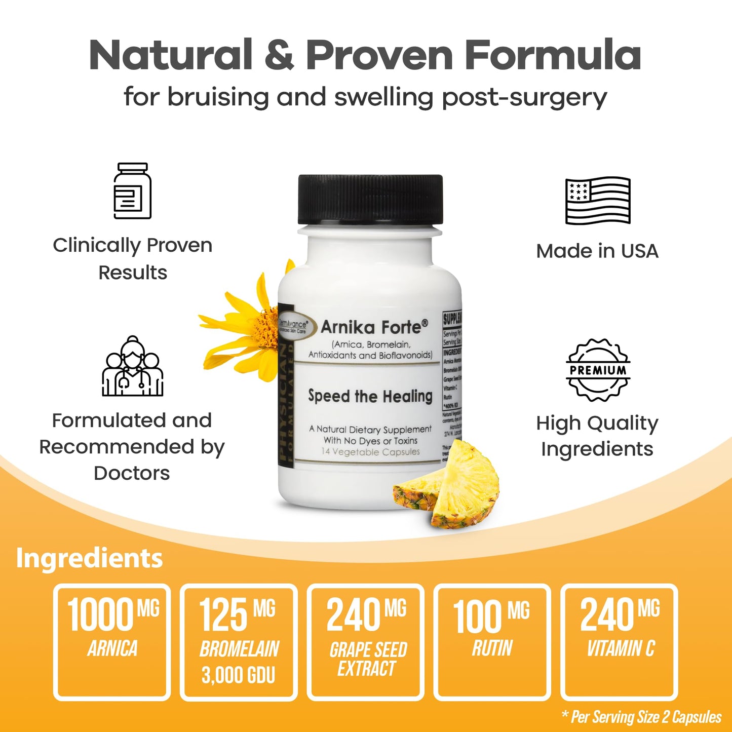 DermAvance Arnika Forte Capsules – Post-Surgery Swelling & Bruising Support (Arnica 1000mg, Bromelain 125mg, 14 capsules)