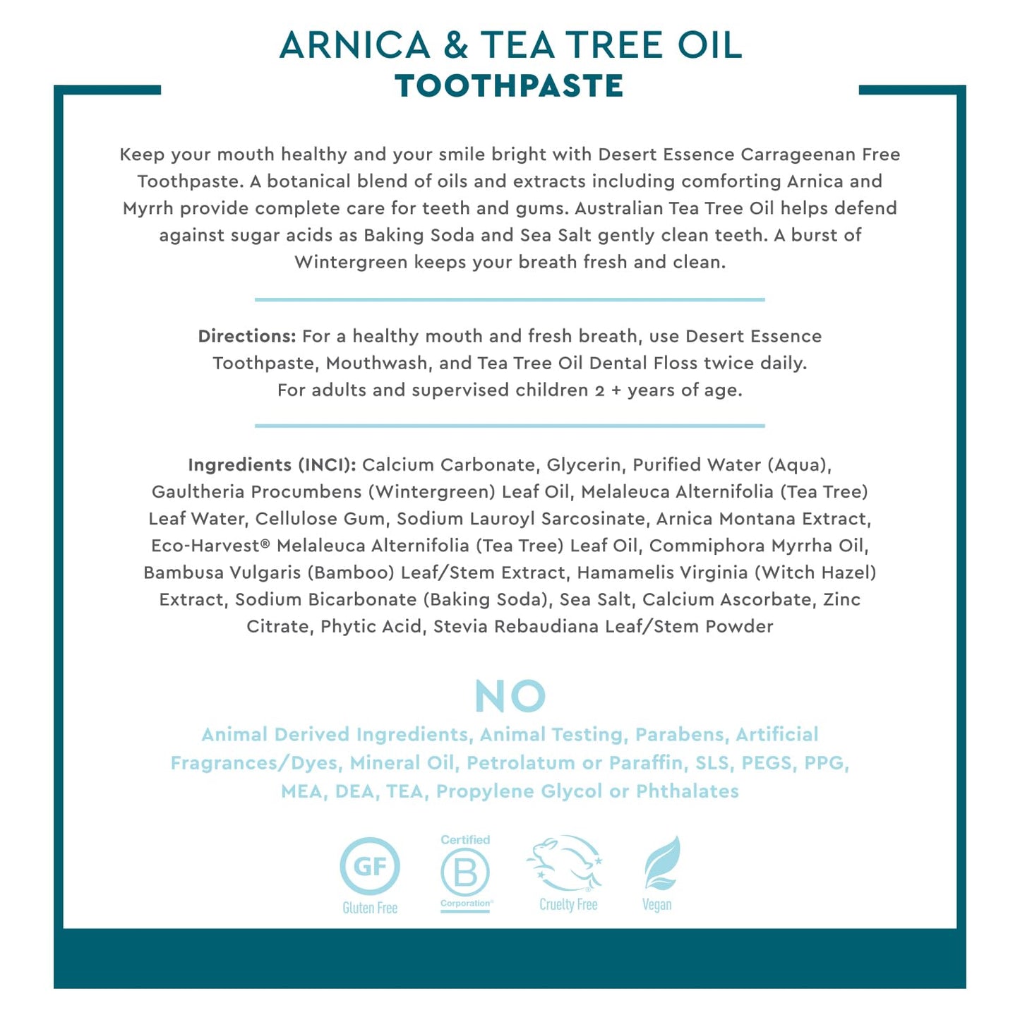 Desert Essence Arnica & Tea Tree Toothpaste – Carrageenan & Fluoride Free, Wintergreen Mint – Vegan, Non-GMO, Gluten-Free – 6.5 oz