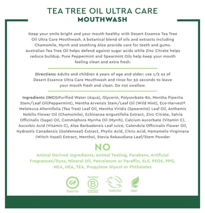 Desert Essence Tea Tree Oil Mouthwash Ultra Care Mega Mint 16 oz | Fresh Breath & Gum Health
