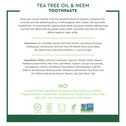 Desert Essence Tea Tree Oil & Neem Toothpaste - 6.25 oz, Pack of 6 - Fluoride & Gluten Free