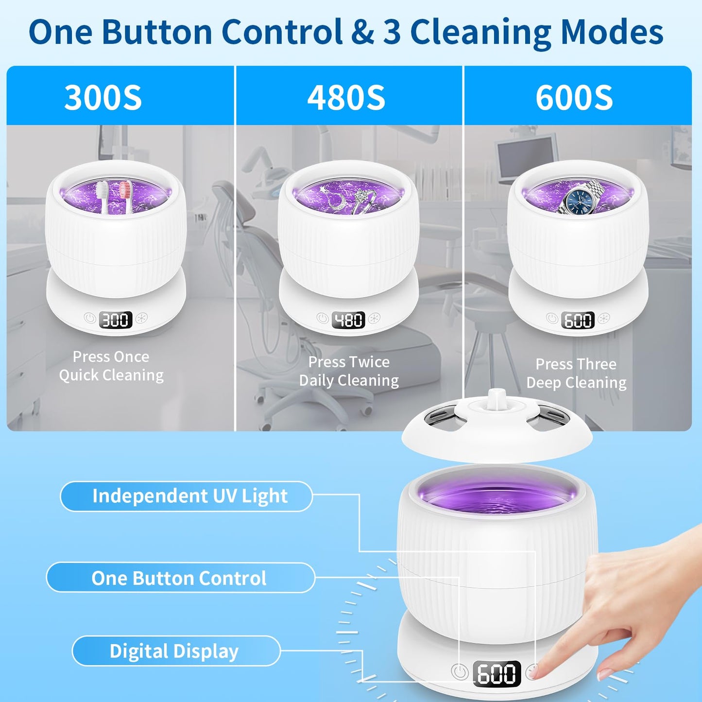 2025 Upgraded Ultrasonic Retainer Cleaner Machine | 4 Modes, UV Lights