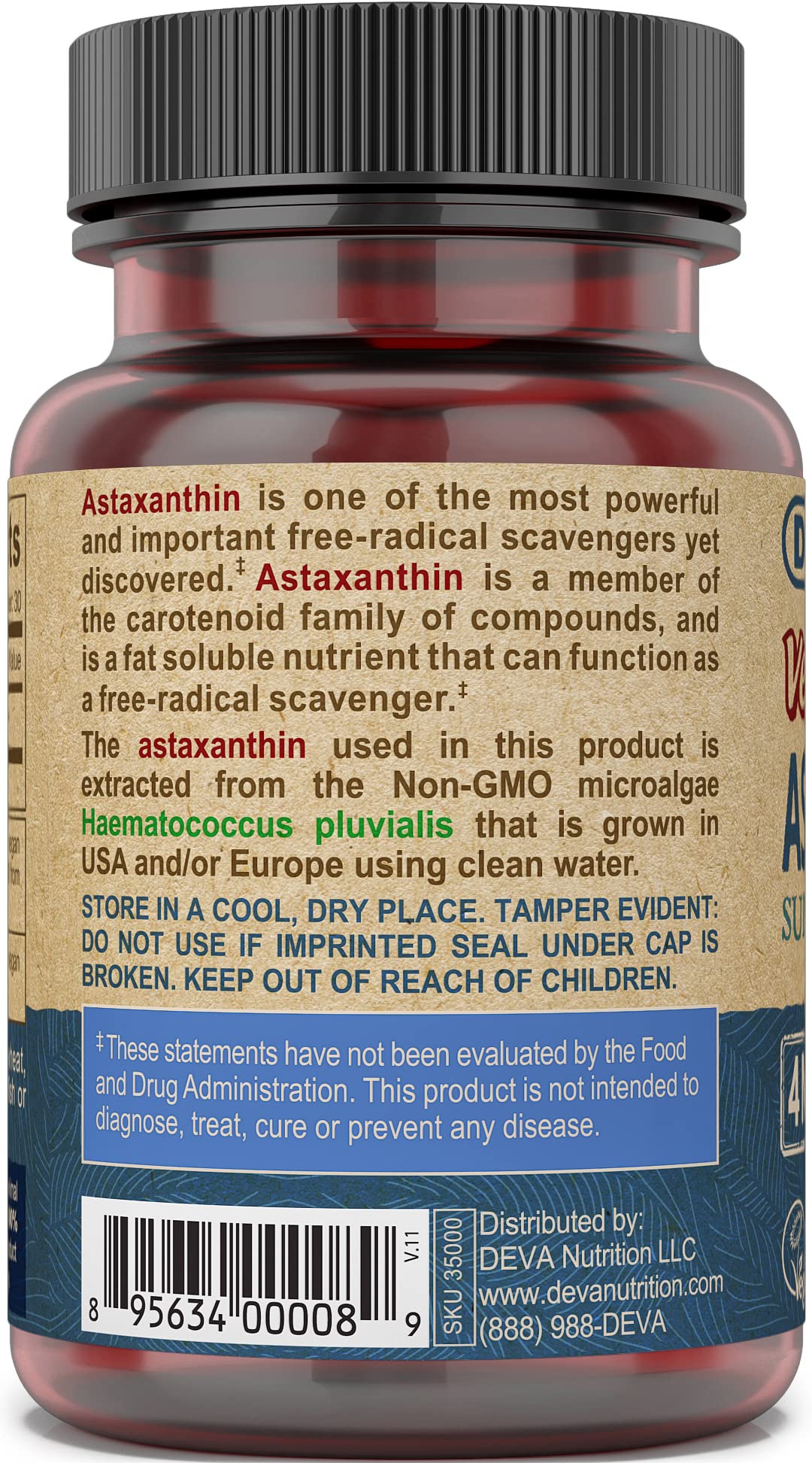 DEVA Nutrition Astaxanthin 4mg – Vegan, Non-GMO Haematococcus Pluvialis – 30 Capsules