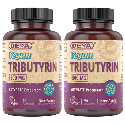 DEVA Vegan Tributyrin Supplement - 500 mg Butyrate Precursor, Gut Barrier Support, 90 Capsules per bottle (Pack of 2)
