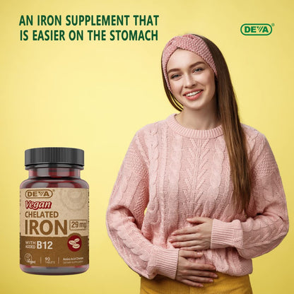 Deva Vegan Chelated Iron 29 mg with B-12 – High Potency, 90 Tablets (1-Pack)