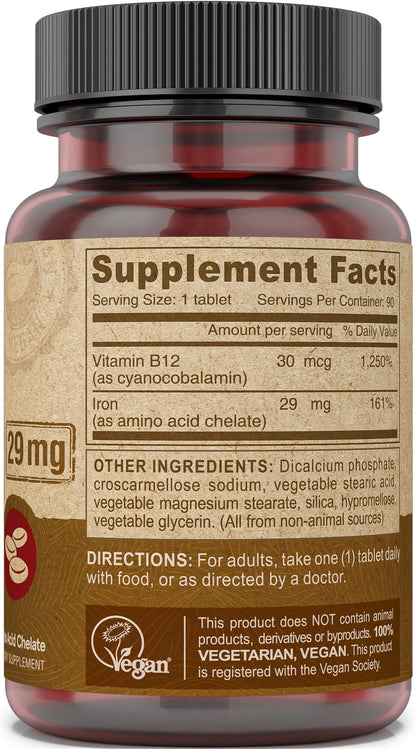 Deva Vegan Chelated Iron 29 mg with B-12 – High Potency, 90 Tablets (1-Pack)
