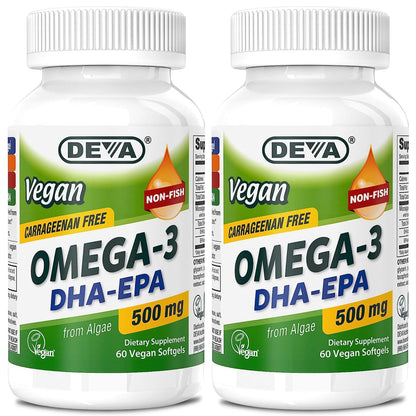 DEVA Vegan Omega-3 DHA-EPA 500mg – 2-Pack, Algae-Based, Carrageenan-Free