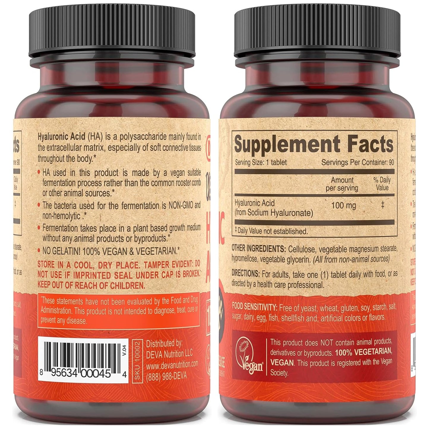 DEVA Vegan Hyaluronic Acid 100mg Tablets – Slow Release, 2-Pack (90 Count Each) – Non-GMO, Vegan Society Certified