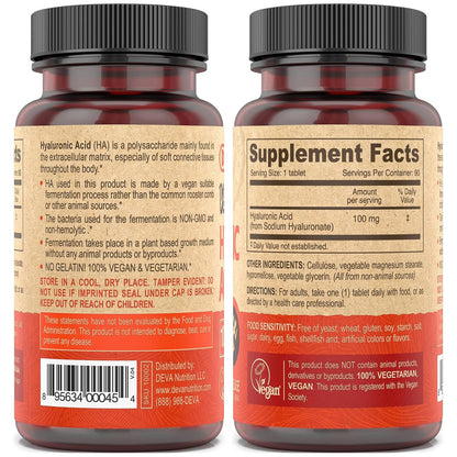 DEVA Vegan Hyaluronic Acid 100mg Tablets – Slow Release, 2-Pack (90 Count Each) – Non-GMO, Vegan Society Certified