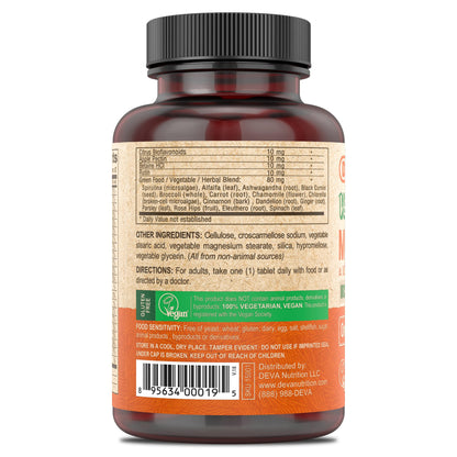 DEVA Vegan Iron-Free Multivitamin & Mineral – Green Foods Blend (90 Coated Tablets)