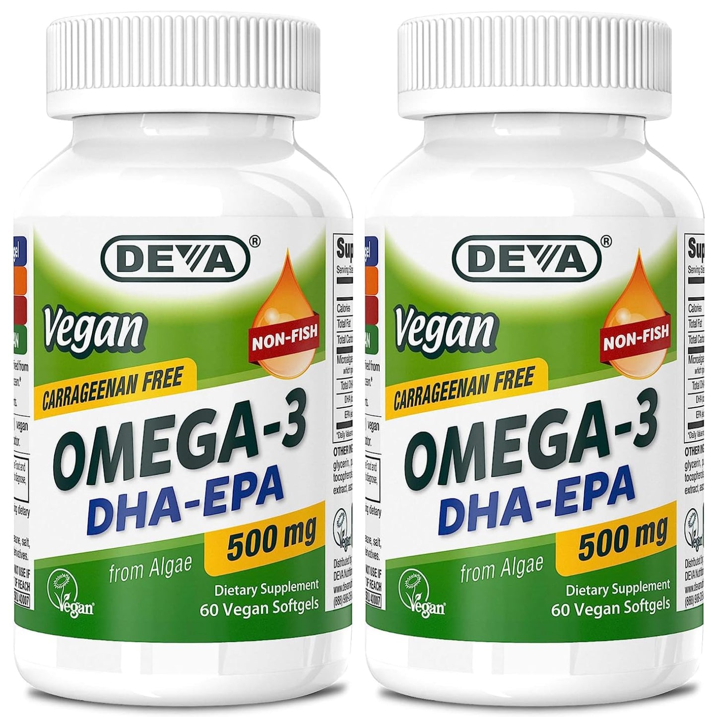 DEVA Vegan Omega-3 DHA-EPA 500mg – 2-Pack, Algae-Based, Carrageenan-Free