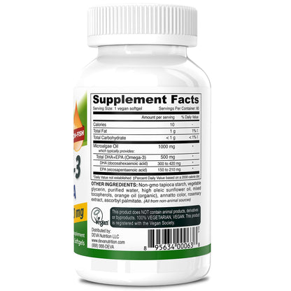 DEVA Vegan Omega-3 DHA-EPA 500mg – 2-Pack, Algae-Based, Carrageenan-Free