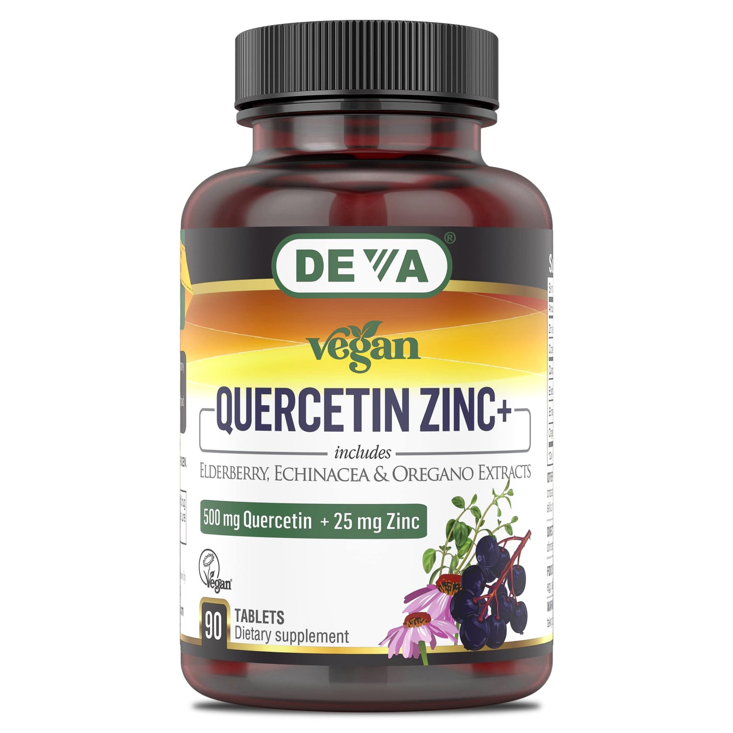 DEVA Vegan Quercetin 500mg + Zinc 25mg with Elderberry, Echinacea & Oregano - 90 Tablets (Vegan)
