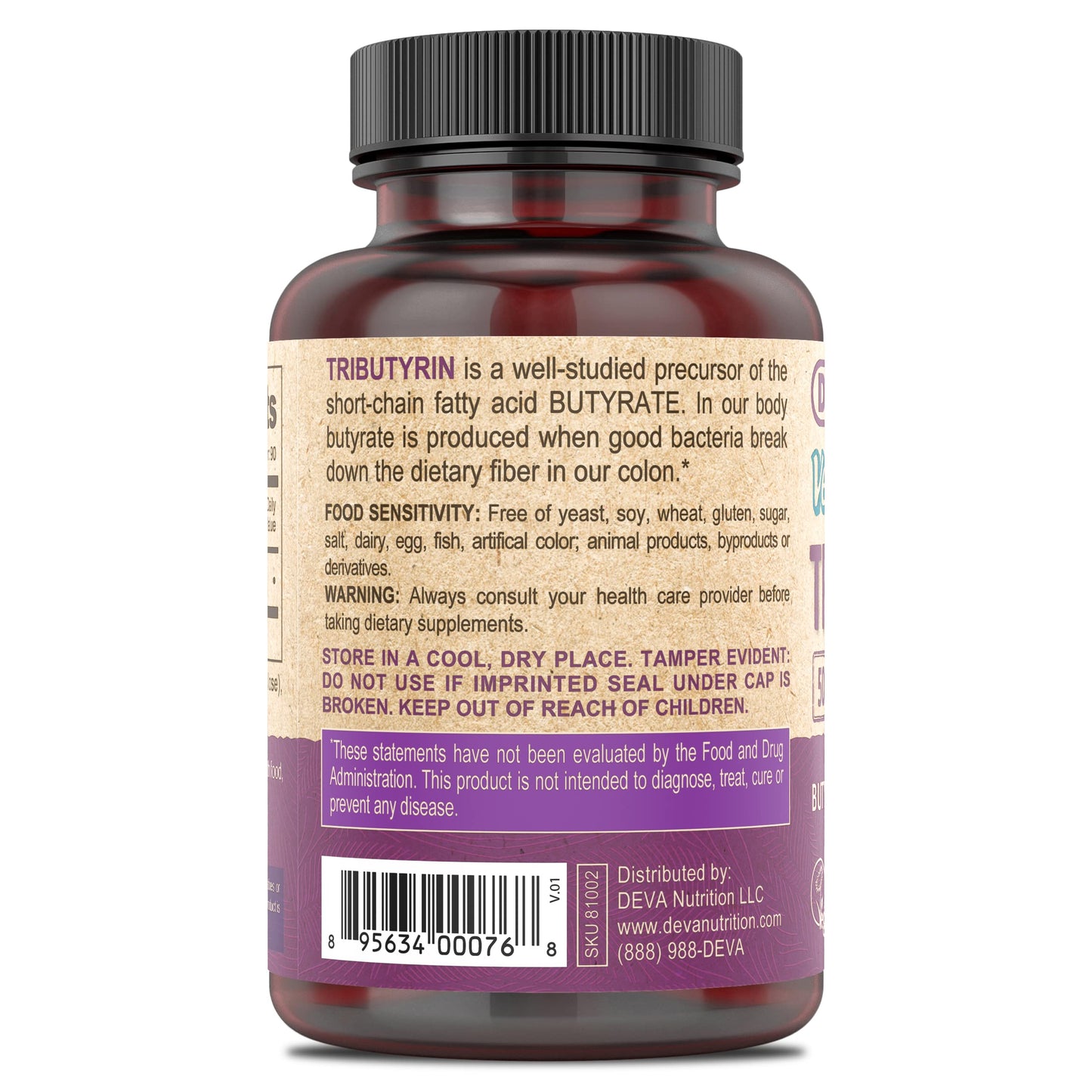 DEVA Vegan Tributyrin Supplement - 500 mg Butyrate Precursor, Gut Barrier Support, 90 Capsules per bottle (Pack of 2)