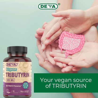 DEVA Vegan Tributyrin Supplement - 500 mg Butyrate Precursor, Gut Barrier Support, 90 Capsules per bottle (Pack of 2)