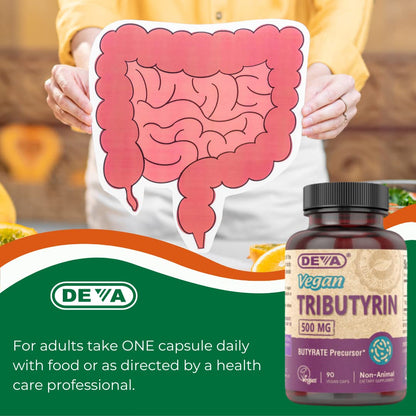 DEVA Vegan Tributyrin Supplement - 500 mg Butyrate Precursor, Gut Barrier Support, 90 Capsules per bottle (Pack of 2)