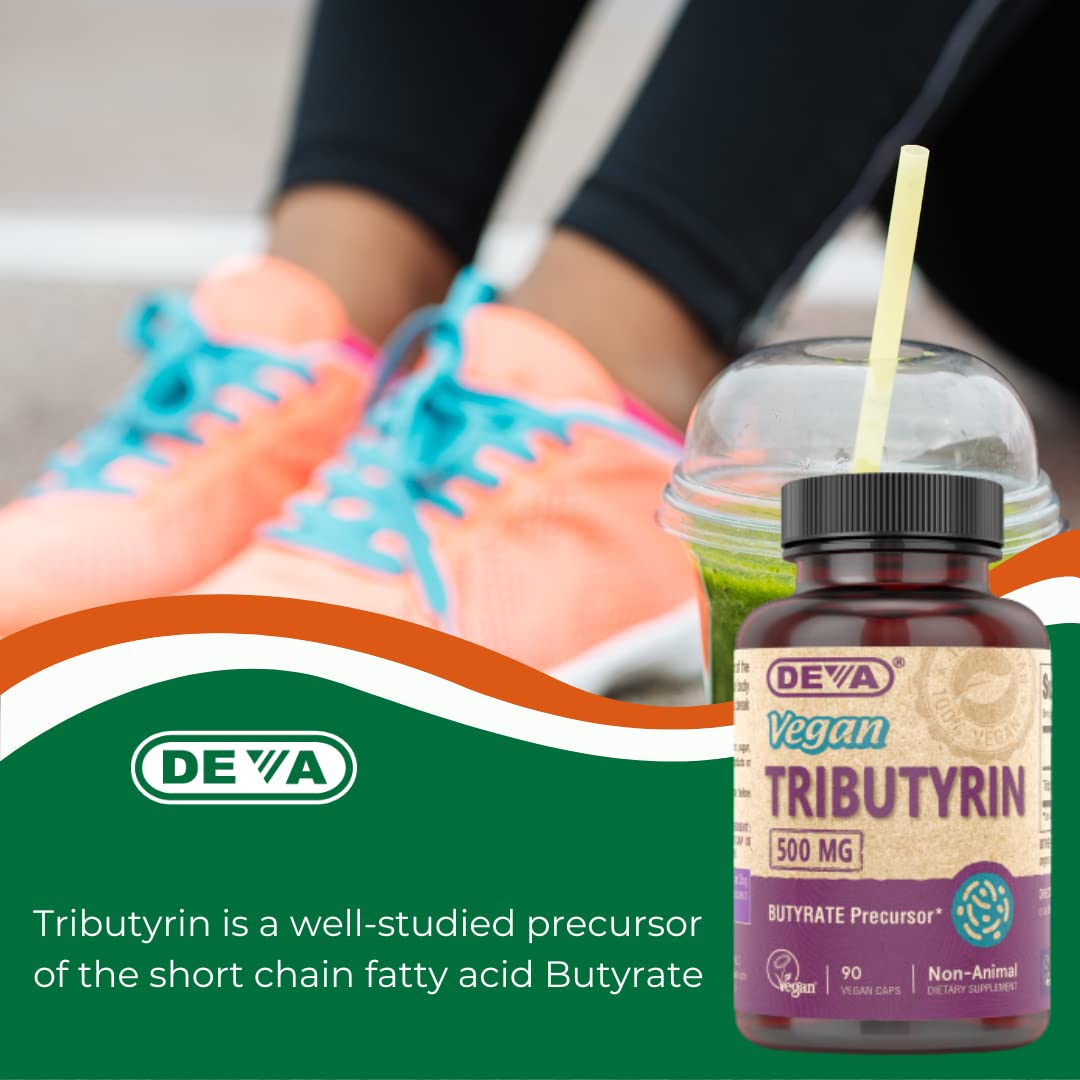DEVA Vegan Tributyrin Supplement - 500 mg Butyrate Precursor, Gut Barrier Support, 90 Capsules per bottle (Pack of 2)