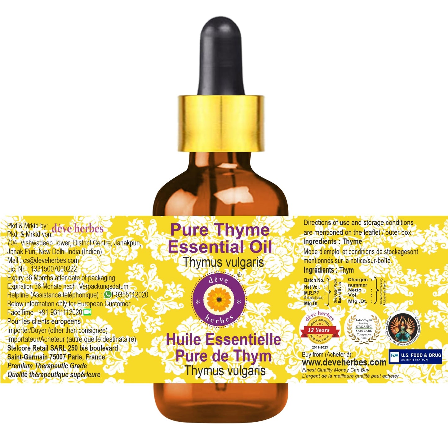 dève herbes Thyme Essential Oil - Thymus vulgaris, Steam Distilled, 10ml Glass Dropper